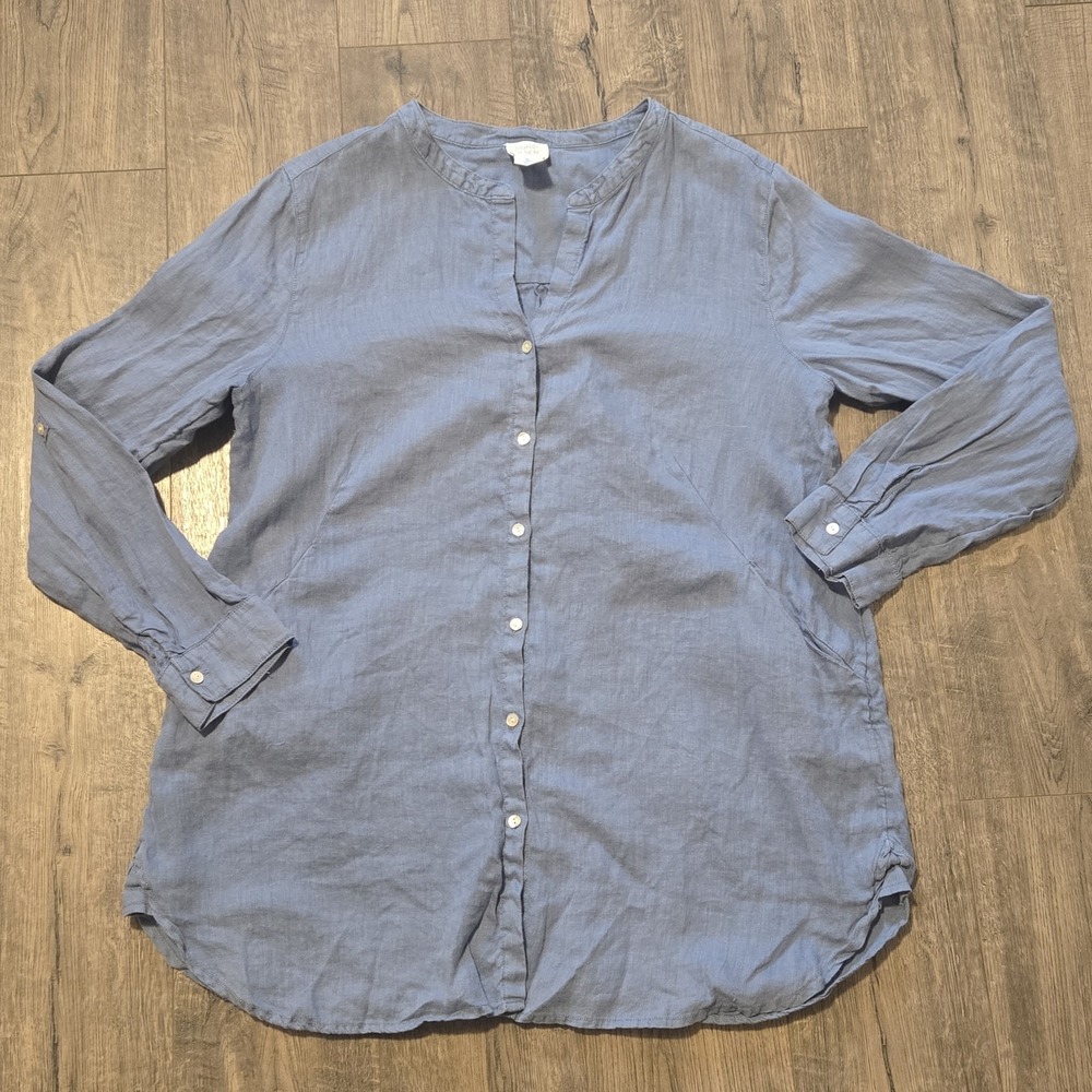 Sigrid Olsen Shirt Large Blue Long Sleeve Linen Button Tunic Top Roll Tab Sleeve